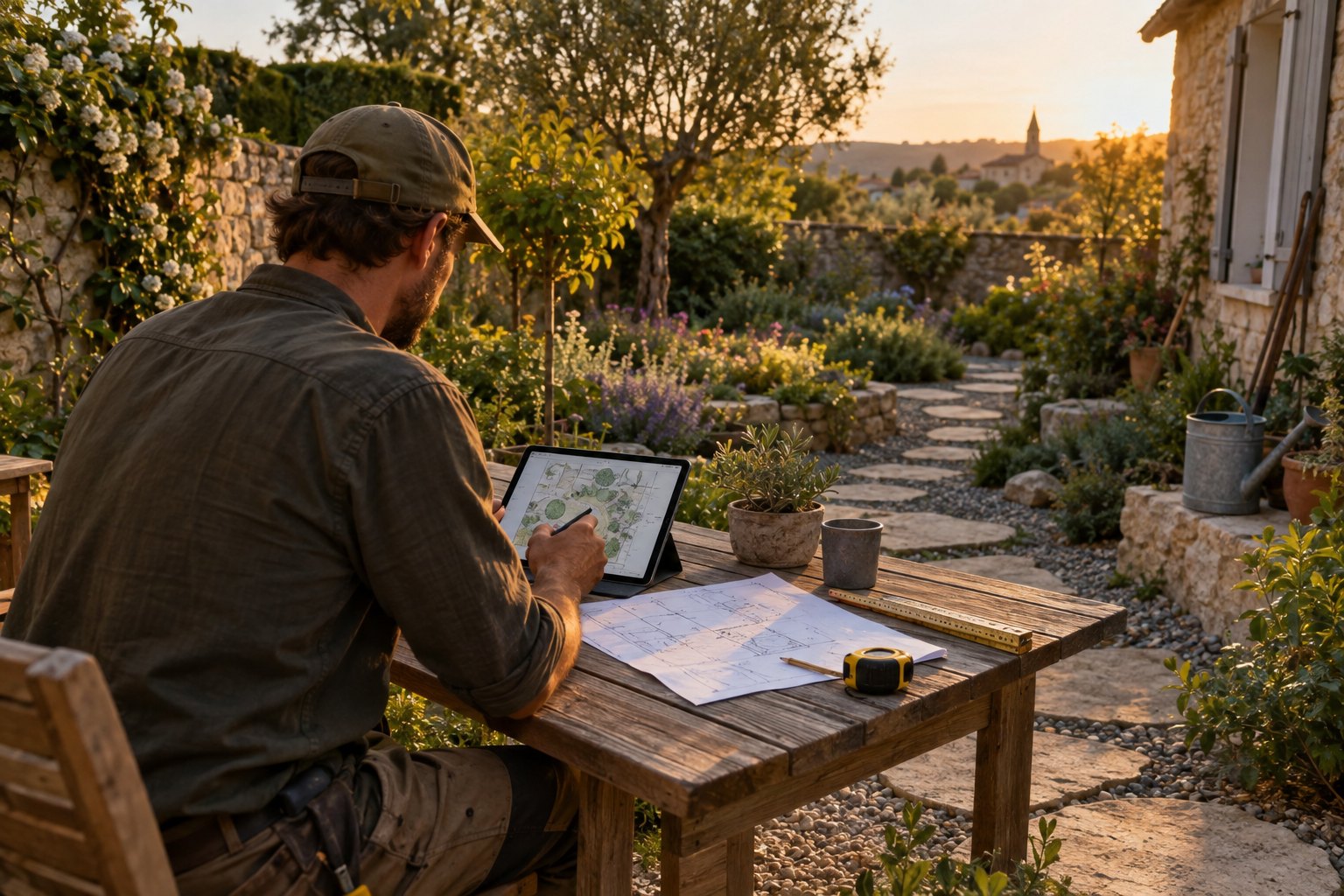 Paysagiste qui prepare un chiffrage sur tablette au jardin